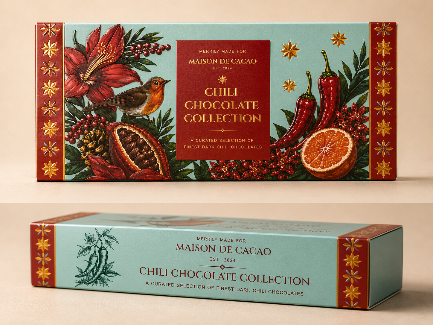 Illustrated chocolate box with gold foil, embossing and raised UV